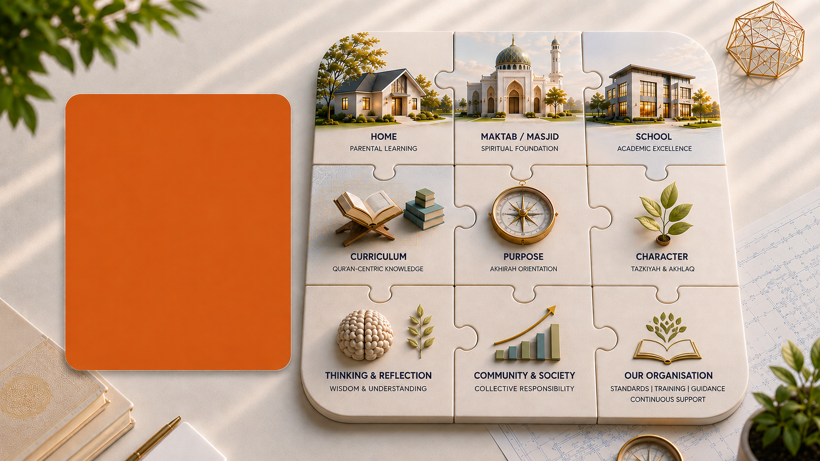 Connecting the pieces: Home, Maktab/Masjid, School, Curriculum, Purpose, Character, Thinking & Reflection, Community & Society, Our Organisation